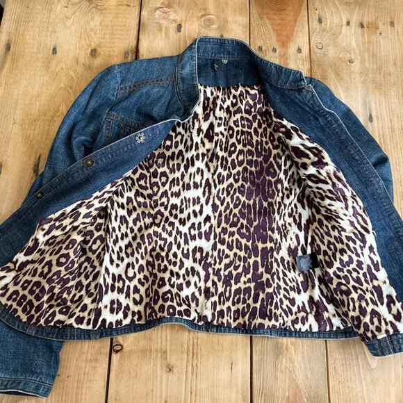 Tahari Denim Jacket Leopard Print interior Structured Nice! S - Picture 4 of 8